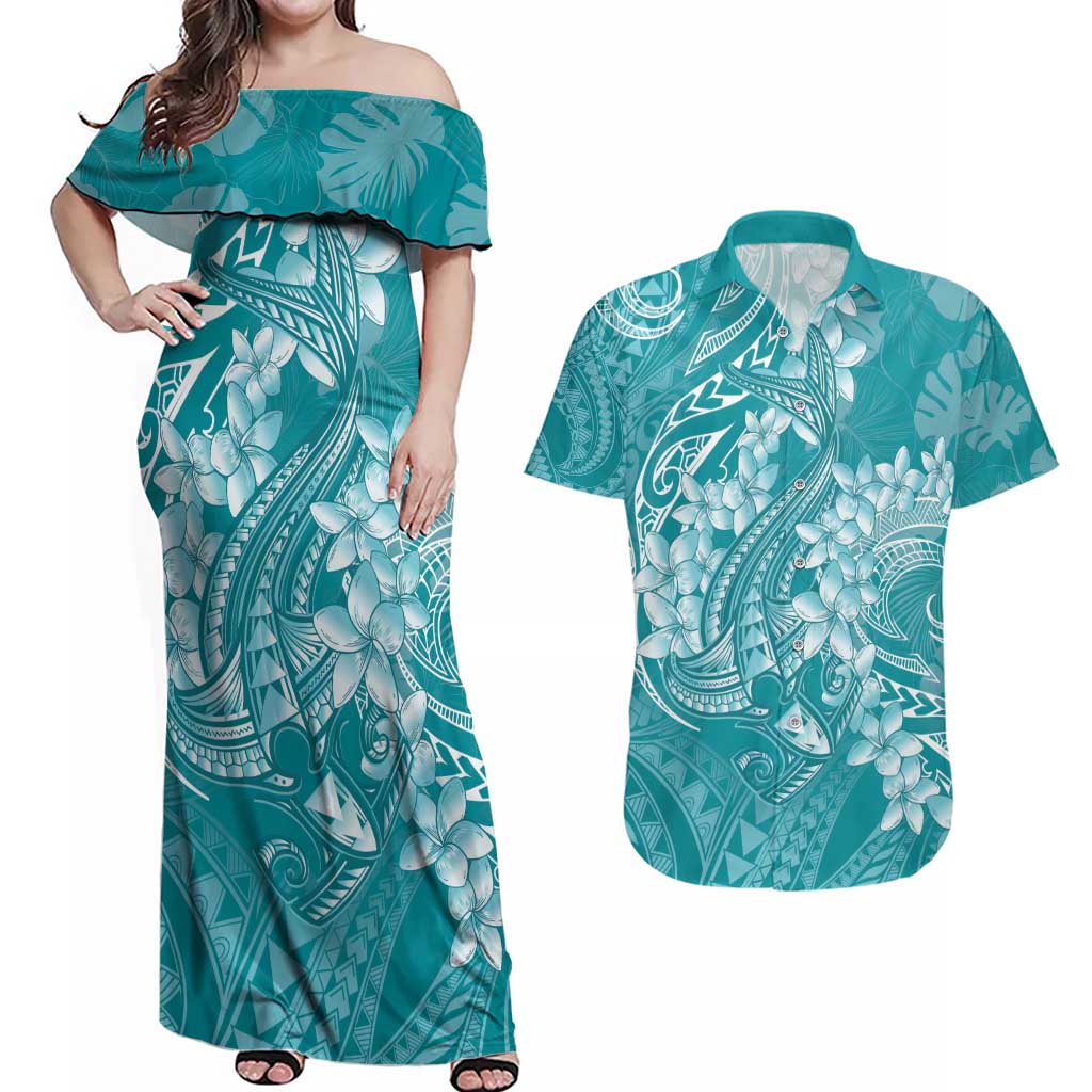 Teal Polynesia Hammerhead Shark Tattoo With Plumeria Lei Couples Matching Off Shoulder Maxi Dress and Hawaiian Shirt LT14 Teal - Polynesian Pride