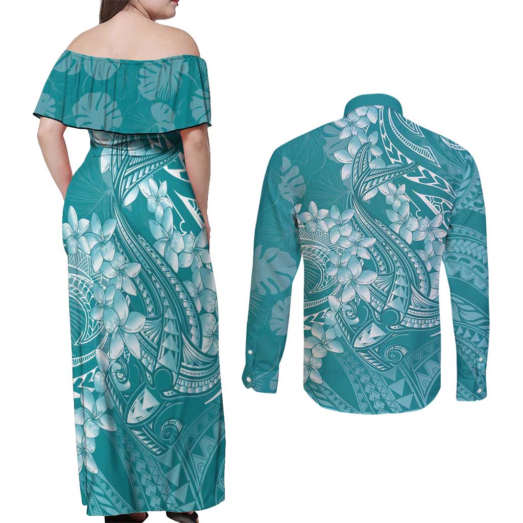Teal Polynesia Hammerhead Shark Tattoo With Plumeria Lei Couples Matching Off Shoulder Maxi Dress and Long Sleeve Button Shirt