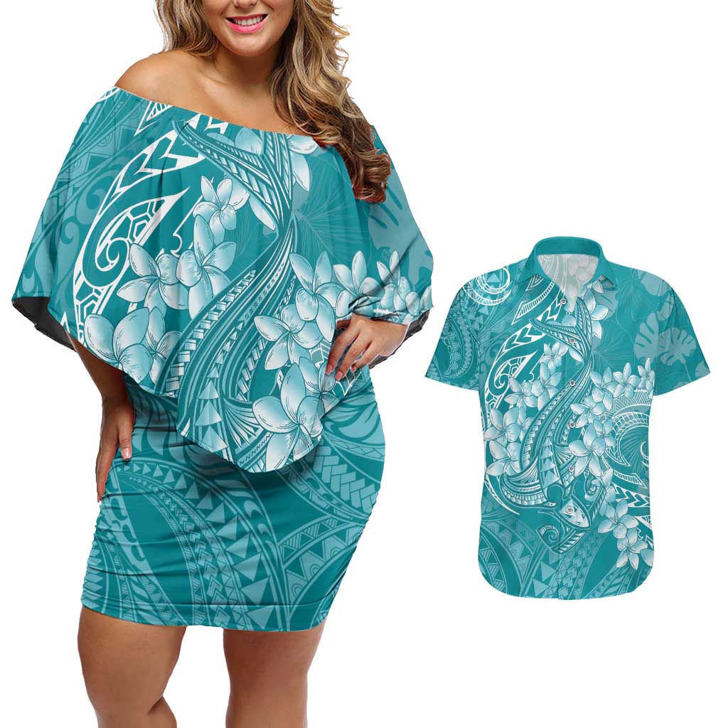 Teal Polynesia Hammerhead Shark Tattoo With Plumeria Lei Couples Matching Off Shoulder Short Dress and Hawaiian Shirt LT14 Teal - Polynesian Pride
