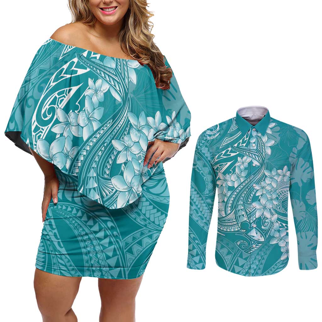 Teal Polynesia Hammerhead Shark Tattoo With Plumeria Lei Couples Matching Off Shoulder Short Dress and Long Sleeve Button Shirt