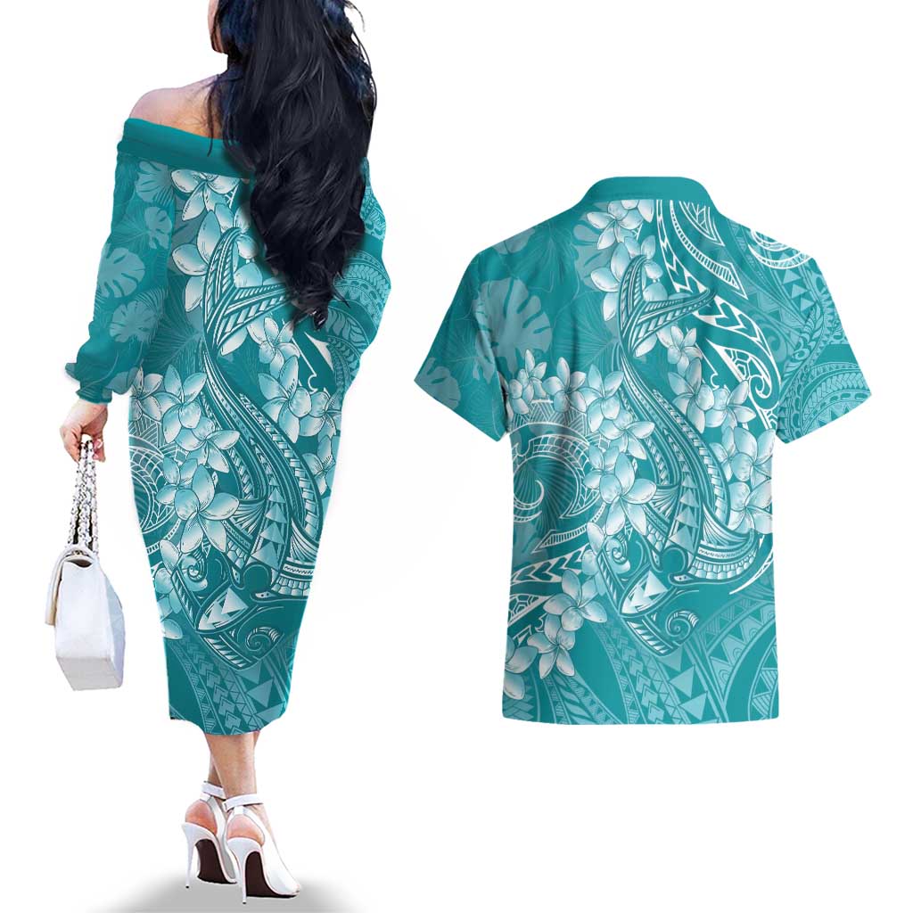 Teal Polynesia Hammerhead Shark Tattoo With Plumeria Lei Couples Matching Off The Shoulder Long Sleeve Dress and Hawaiian Shirt LT14 - Polynesian Pride