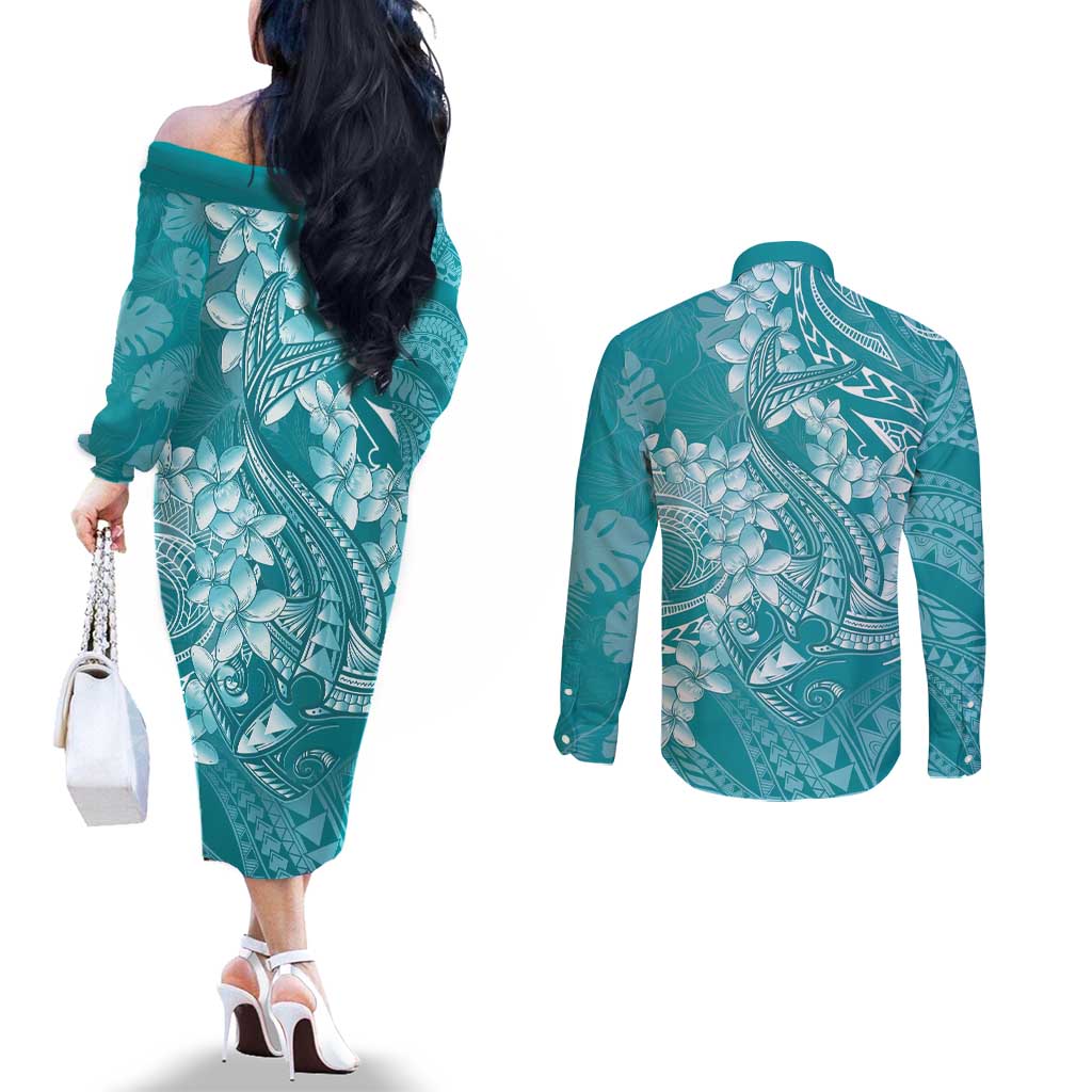 Teal Polynesia Hammerhead Shark Tattoo With Plumeria Lei Couples Matching Off The Shoulder Long Sleeve Dress and Long Sleeve Button Shirt LT14 - Polynesian Pride