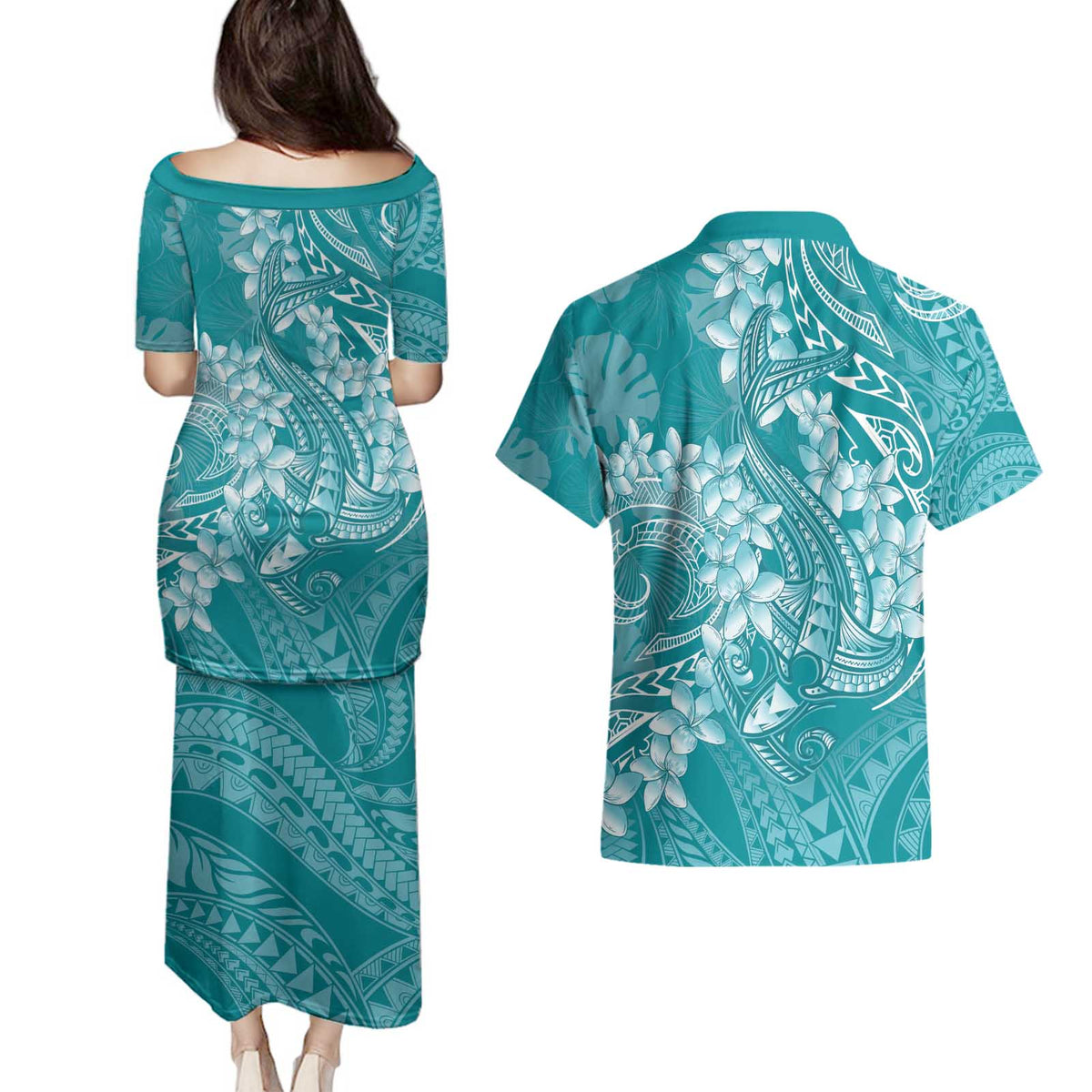 Teal Polynesia Hammerhead Shark Tattoo With Plumeria Lei Couples Matching Puletasi and Hawaiian Shirt