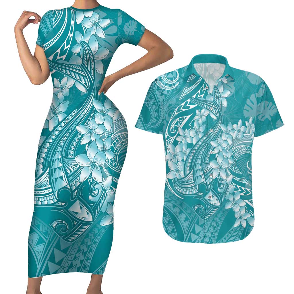 Teal Polynesia Hammerhead Shark Tattoo With Plumeria Lei Couples Matching Short Sleeve Bodycon Dress and Hawaiian Shirt LT14 Teal - Polynesian Pride