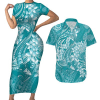 Teal Polynesia Hammerhead Shark Tattoo With Plumeria Lei Couples Matching Short Sleeve Bodycon Dress and Hawaiian Shirt LT14 Teal - Polynesian Pride