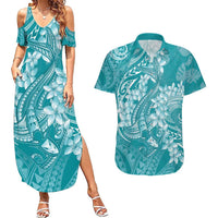 Teal Polynesia Hammerhead Shark Tattoo With Plumeria Lei Couples Matching Summer Maxi Dress and Hawaiian Shirt LT14 Teal - Polynesian Pride