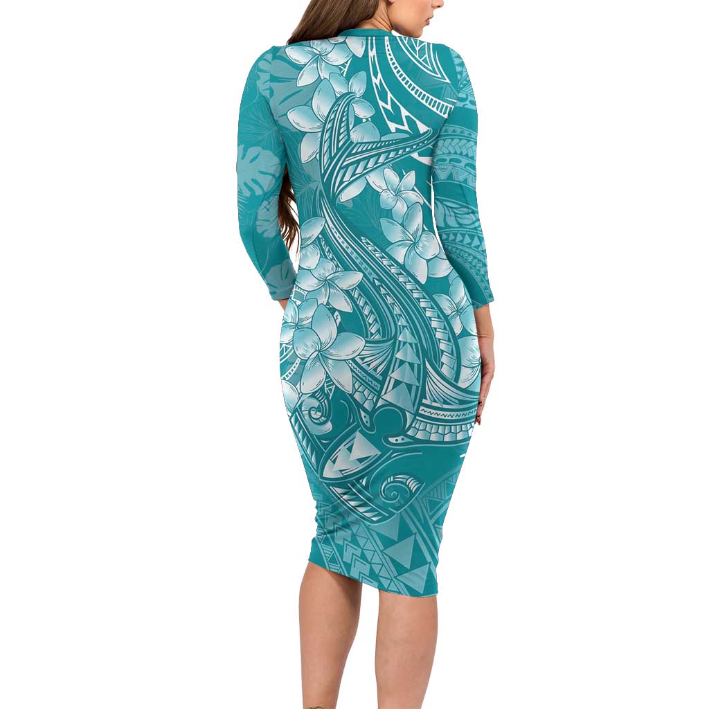 Teal Polynesia Hammerhead Shark Tattoo With Plumeria Lei Family Matching Long Sleeve Bodycon Dress and Hawaiian Shirt LT14 - Polynesian Pride