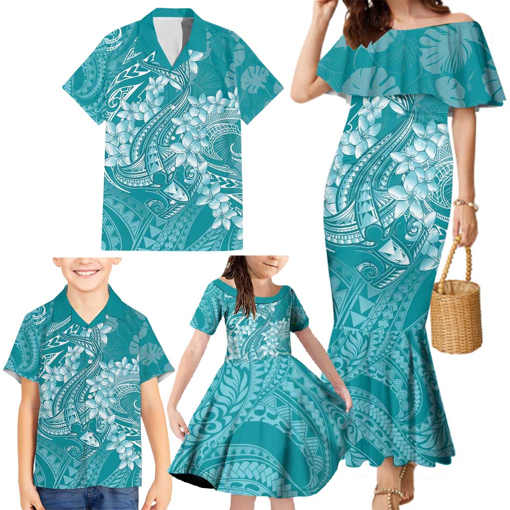 Teal Polynesia Hammerhead Shark Tattoo With Plumeria Lei Family Matching Mermaid Dress and Hawaiian Shirt LT14 - Polynesian Pride