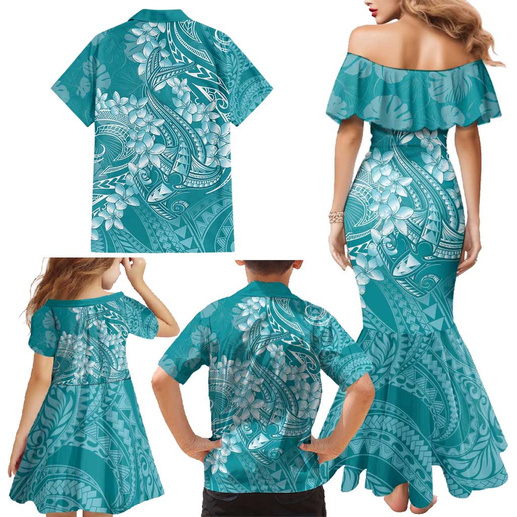 Teal Polynesia Hammerhead Shark Tattoo With Plumeria Lei Family Matching Mermaid Dress and Hawaiian Shirt LT14 - Polynesian Pride