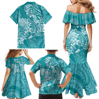 Teal Polynesia Hammerhead Shark Tattoo With Plumeria Lei Family Matching Mermaid Dress and Hawaiian Shirt LT14 - Polynesian Pride