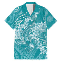 Teal Polynesia Hammerhead Shark Tattoo With Plumeria Lei Family Matching Mermaid Dress and Hawaiian Shirt LT14 Dad's Shirt - Short Sleeve Teal - Polynesian Pride