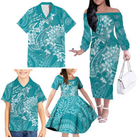 Teal Polynesia Hammerhead Shark Tattoo With Plumeria Lei Family Matching Off The Shoulder Long Sleeve Dress and Hawaiian Shirt LT14 - Polynesian Pride