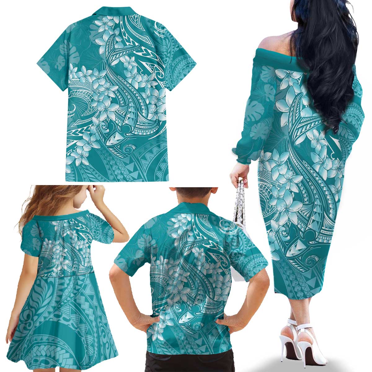 Teal Polynesia Hammerhead Shark Tattoo With Plumeria Lei Family Matching Off The Shoulder Long Sleeve Dress and Hawaiian Shirt LT14 - Polynesian Pride