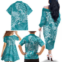 Teal Polynesia Hammerhead Shark Tattoo With Plumeria Lei Family Matching Off The Shoulder Long Sleeve Dress and Hawaiian Shirt LT14 - Polynesian Pride