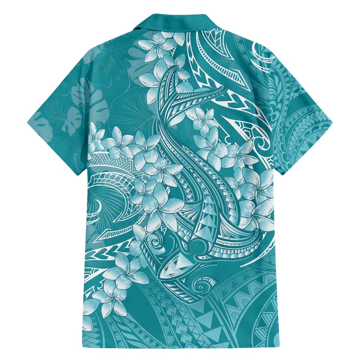 Teal Polynesia Hammerhead Shark Tattoo With Plumeria Lei Family Matching Off The Shoulder Long Sleeve Dress and Hawaiian Shirt LT14 - Polynesian Pride