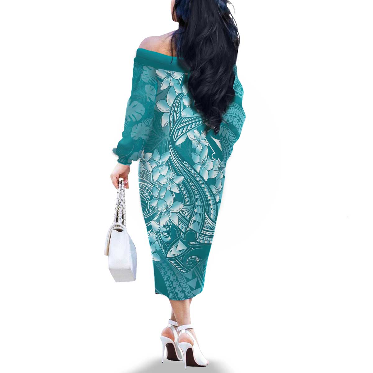 Teal Polynesia Hammerhead Shark Tattoo With Plumeria Lei Family Matching Off The Shoulder Long Sleeve Dress and Hawaiian Shirt LT14 - Polynesian Pride