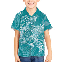 Teal Polynesia Hammerhead Shark Tattoo With Plumeria Lei Family Matching Off The Shoulder Long Sleeve Dress and Hawaiian Shirt LT14 Son's Shirt Teal - Polynesian Pride