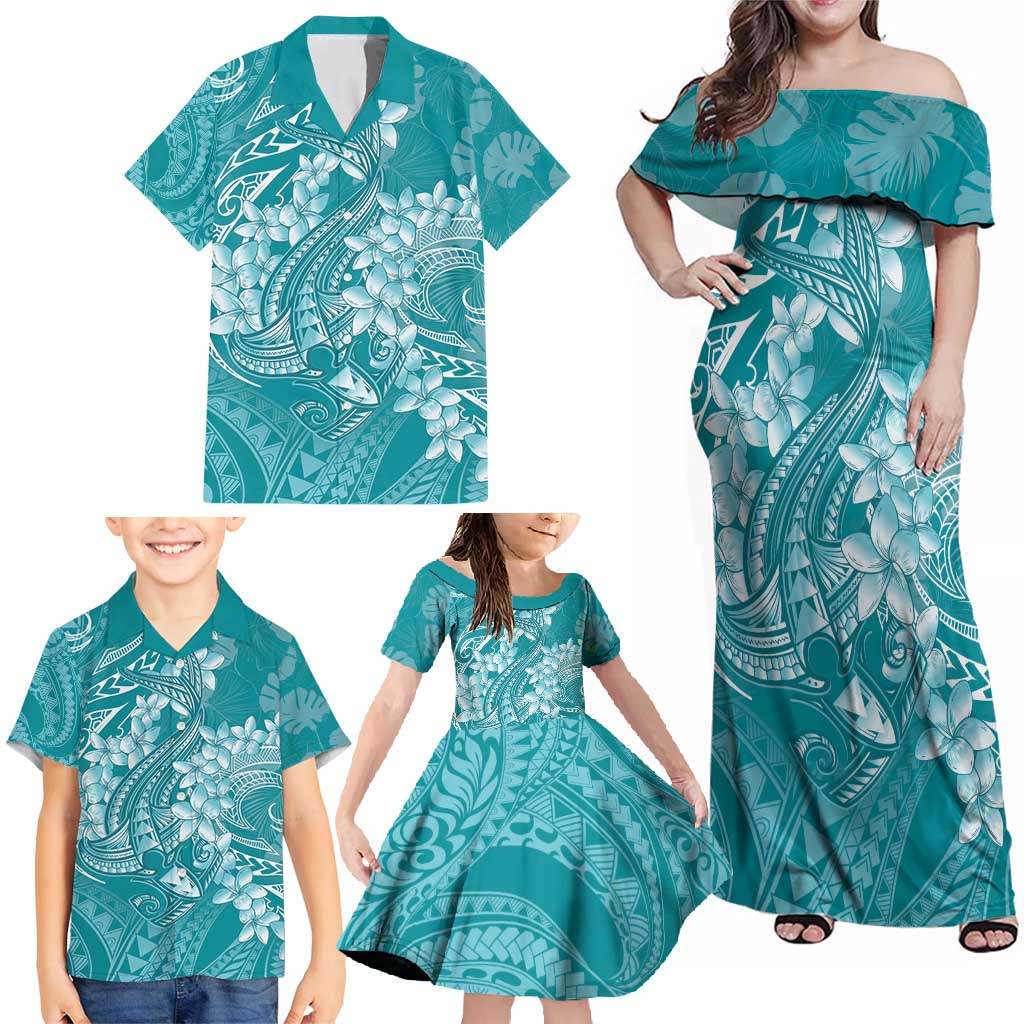 Teal Polynesia Hammerhead Shark Tattoo With Plumeria Lei Family Matching Off Shoulder Maxi Dress and Hawaiian Shirt LT14 - Polynesian Pride