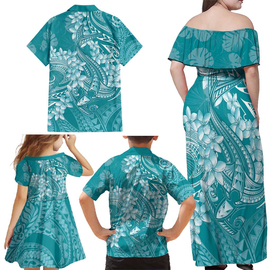 Teal Polynesia Hammerhead Shark Tattoo With Plumeria Lei Family Matching Off Shoulder Maxi Dress and Hawaiian Shirt LT14 - Polynesian Pride