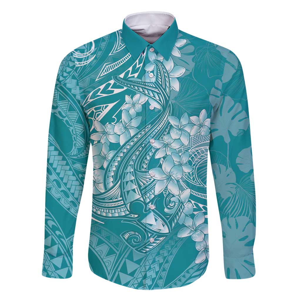 Teal Polynesia Hammerhead Shark Tattoo With Plumeria Lei Family Matching Off Shoulder Maxi Dress and Hawaiian Shirt LT14 Dad's Shirt - Long Sleeve Teal - Polynesian Pride