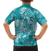 Teal Polynesia Hammerhead Shark Tattoo With Plumeria Lei Family Matching Off Shoulder Short Dress and Hawaiian Shirt LT14 - Polynesian Pride