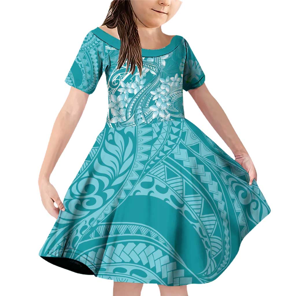 Teal Polynesia Hammerhead Shark Tattoo With Plumeria Lei Family Matching Off Shoulder Short Dress and Hawaiian Shirt LT14 Daughter's Dress Teal - Polynesian Pride