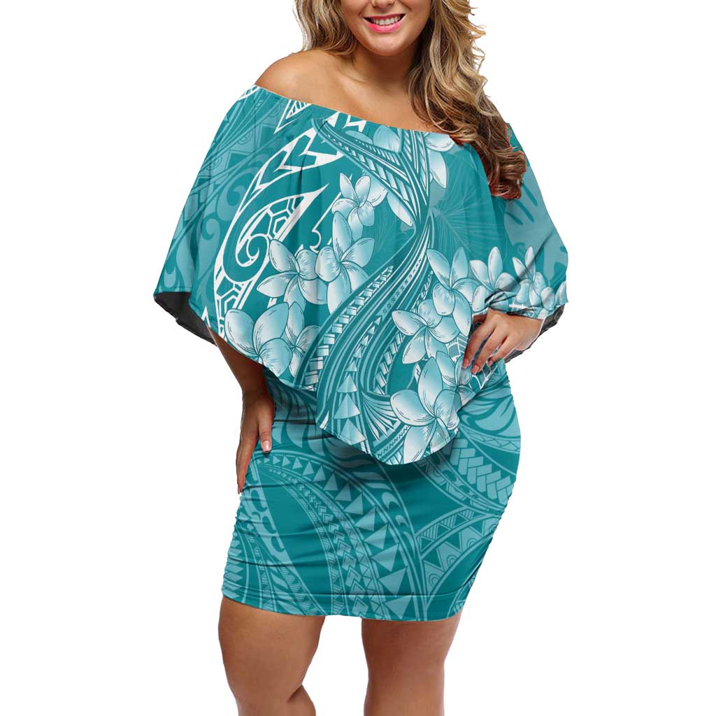 Teal Polynesia Hammerhead Shark Tattoo With Plumeria Lei Family Matching Off Shoulder Short Dress and Hawaiian Shirt LT14 Mom's Dress Teal - Polynesian Pride
