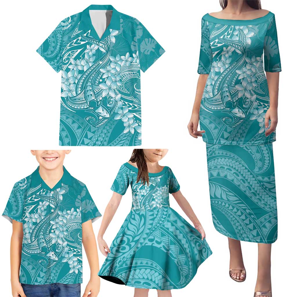 Teal Polynesia Hammerhead Shark Tattoo With Plumeria Lei Family Matching Puletasi and Hawaiian Shirt LT14 - Polynesian Pride