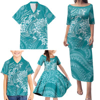 Teal Polynesia Hammerhead Shark Tattoo With Plumeria Lei Family Matching Puletasi and Hawaiian Shirt LT14 - Polynesian Pride