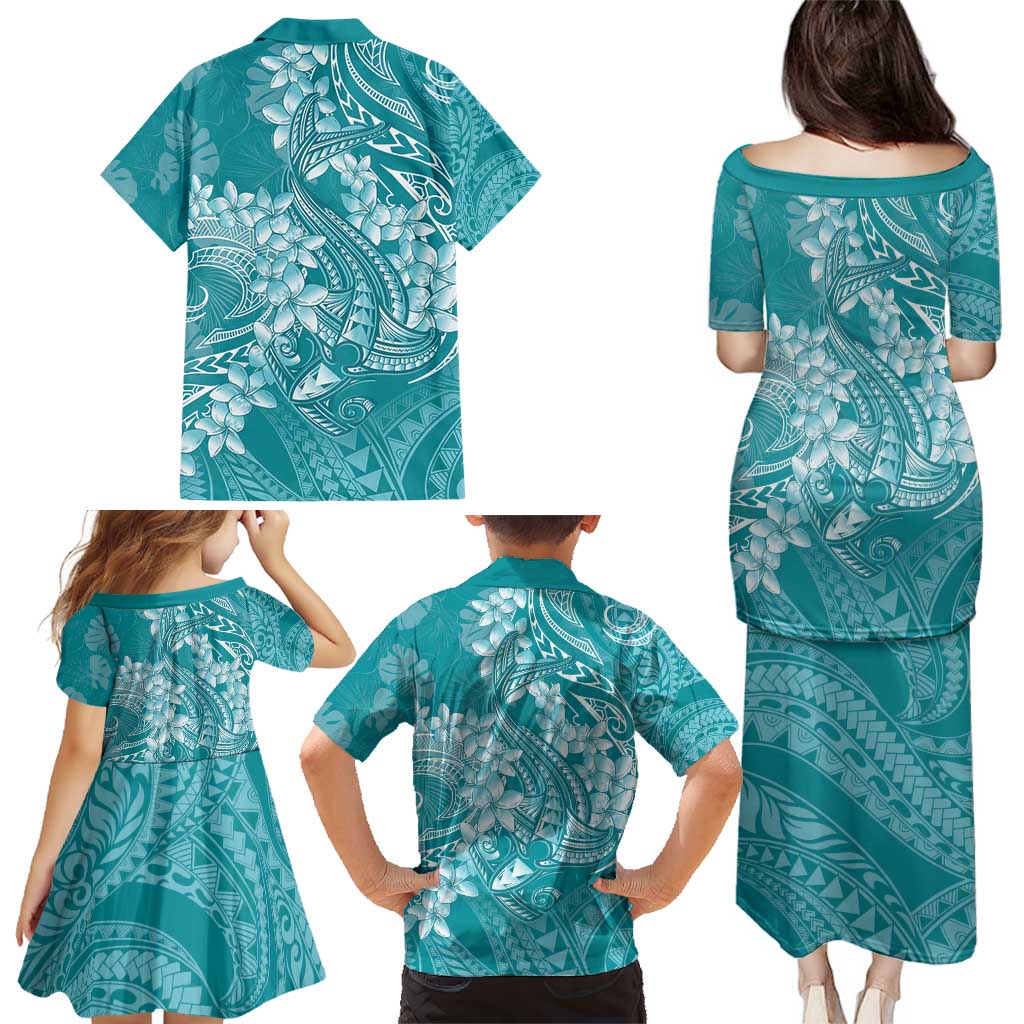 Teal Polynesia Hammerhead Shark Tattoo With Plumeria Lei Family Matching Puletasi and Hawaiian Shirt LT14 - Polynesian Pride