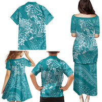 Teal Polynesia Hammerhead Shark Tattoo With Plumeria Lei Family Matching Puletasi and Hawaiian Shirt LT14 - Polynesian Pride