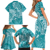 Teal Polynesia Hammerhead Shark Tattoo With Plumeria Lei Family Matching Short Sleeve Bodycon Dress and Hawaiian Shirt LT14 - Polynesian Pride
