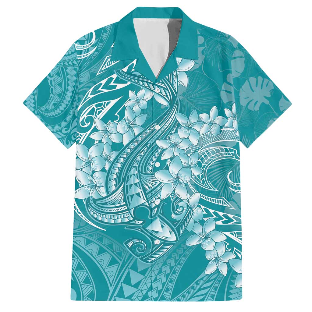 Teal Polynesia Hammerhead Shark Tattoo With Plumeria Lei Family Matching Short Sleeve Bodycon Dress and Hawaiian Shirt LT14 Dad's Shirt - Short Sleeve Teal - Polynesian Pride