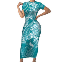 Teal Polynesia Hammerhead Shark Tattoo With Plumeria Lei Family Matching Short Sleeve Bodycon Dress and Hawaiian Shirt LT14 Mom's Dress Teal - Polynesian Pride
