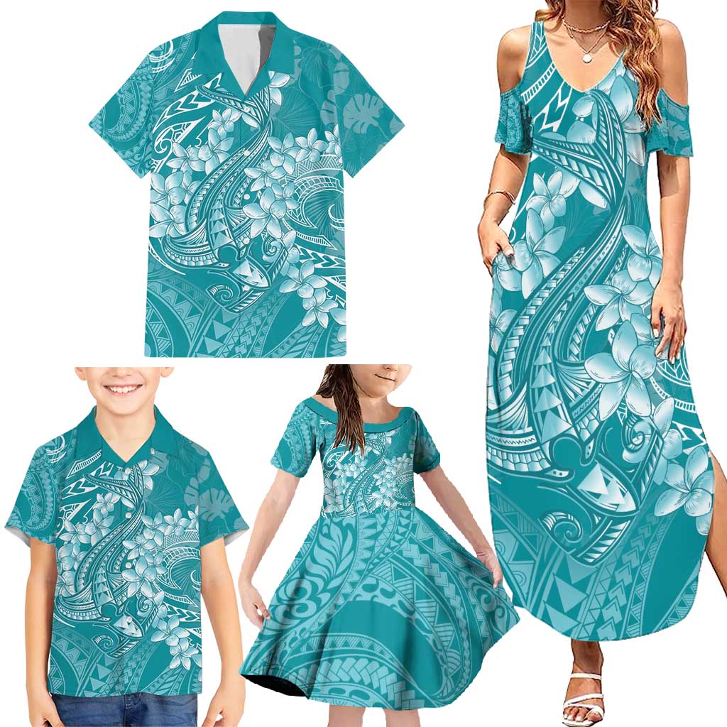 Teal Polynesia Hammerhead Shark Tattoo With Plumeria Lei Family Matching Summer Maxi Dress and Hawaiian Shirt LT14 - Polynesian Pride