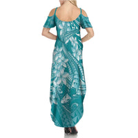Teal Polynesia Hammerhead Shark Tattoo With Plumeria Lei Family Matching Summer Maxi Dress and Hawaiian Shirt LT14 - Polynesian Pride