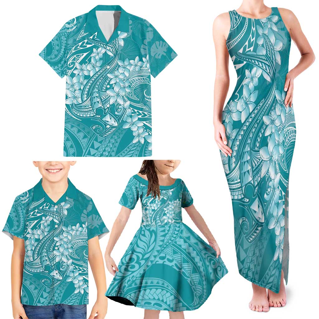 Teal Polynesia Hammerhead Shark Tattoo With Plumeria Lei Family Matching Tank Maxi Dress and Hawaiian Shirt LT14 - Polynesian Pride