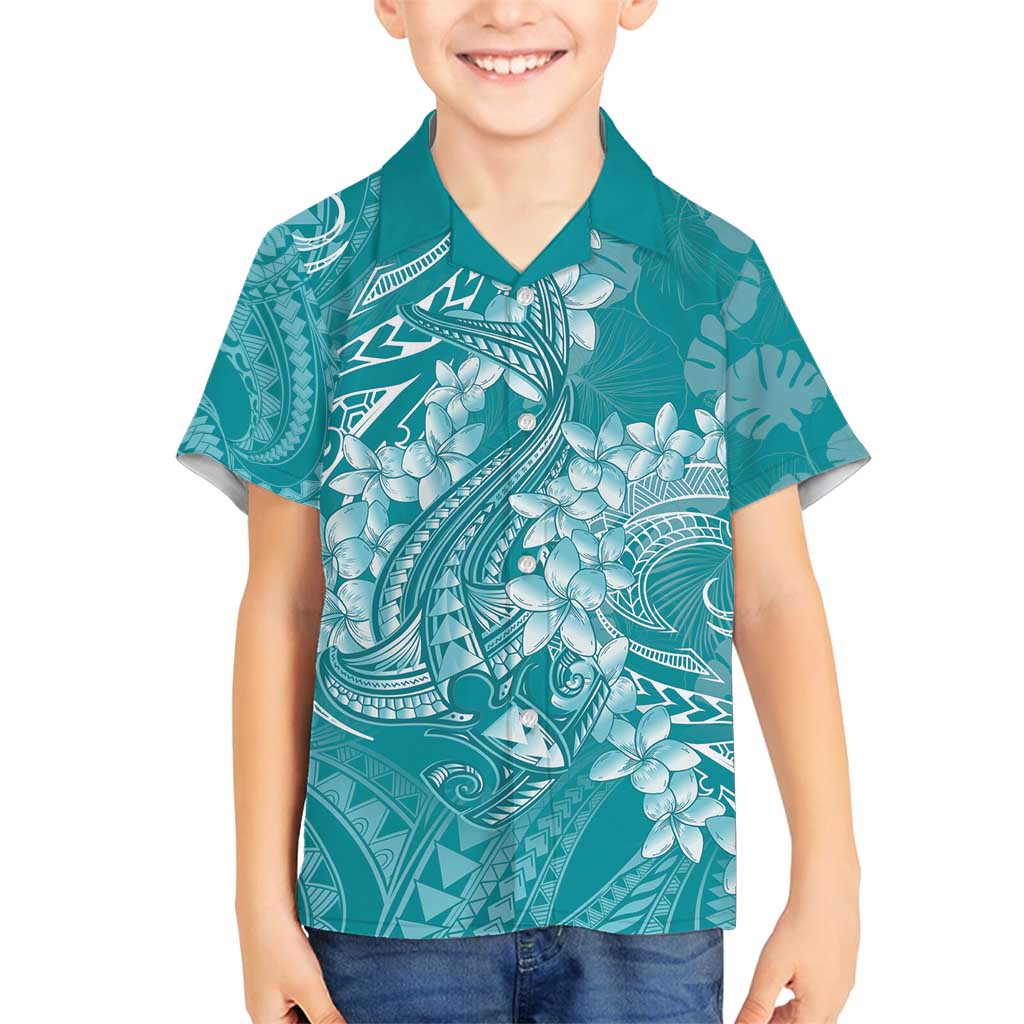 Teal Polynesia Hammerhead Shark Tattoo With Plumeria Lei Family Matching Tank Maxi Dress and Hawaiian Shirt LT14 Son's Shirt Teal - Polynesian Pride