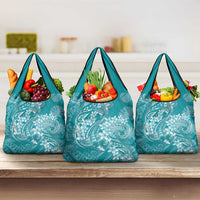 Teal Polynesia Hammerhead Shark Tattoo With Plumeria Lei Grocery Bag