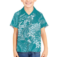 Teal Polynesia Hammerhead Shark Tattoo With Plumeria Lei Hawaiian Shirt