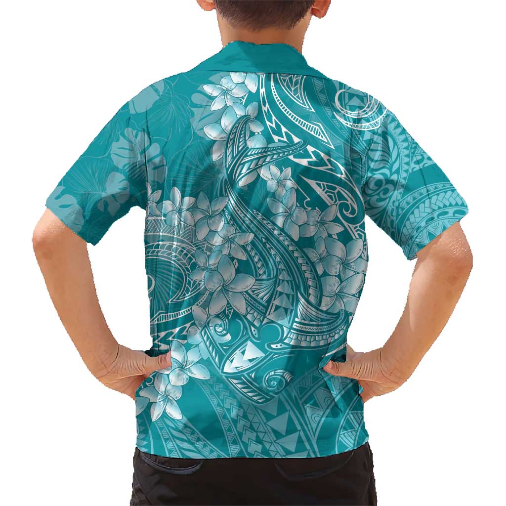 Teal Polynesia Hammerhead Shark Tattoo With Plumeria Lei Hawaiian Shirt