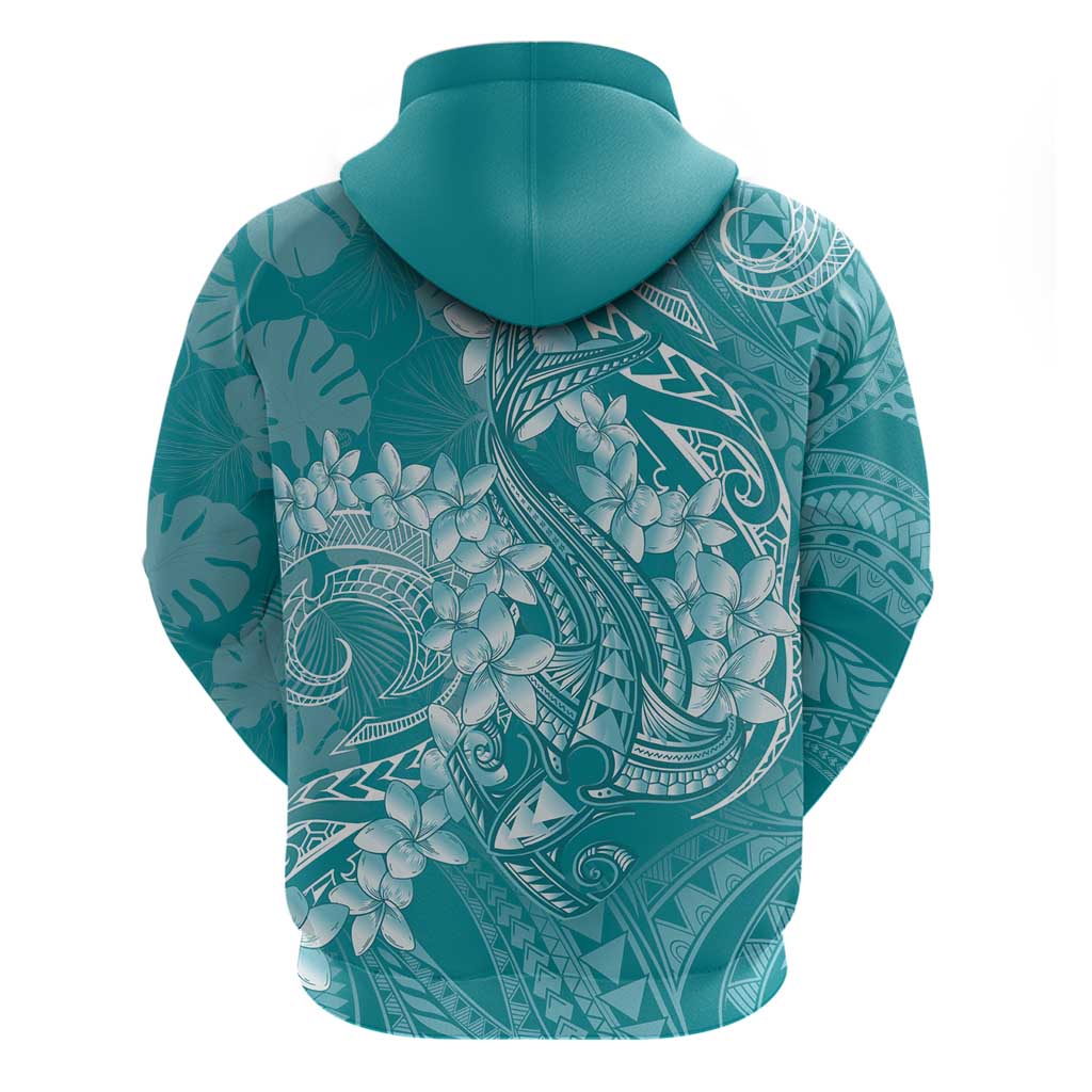 Teal Polynesia Hammerhead Shark Tattoo With Plumeria Lei Hoodie