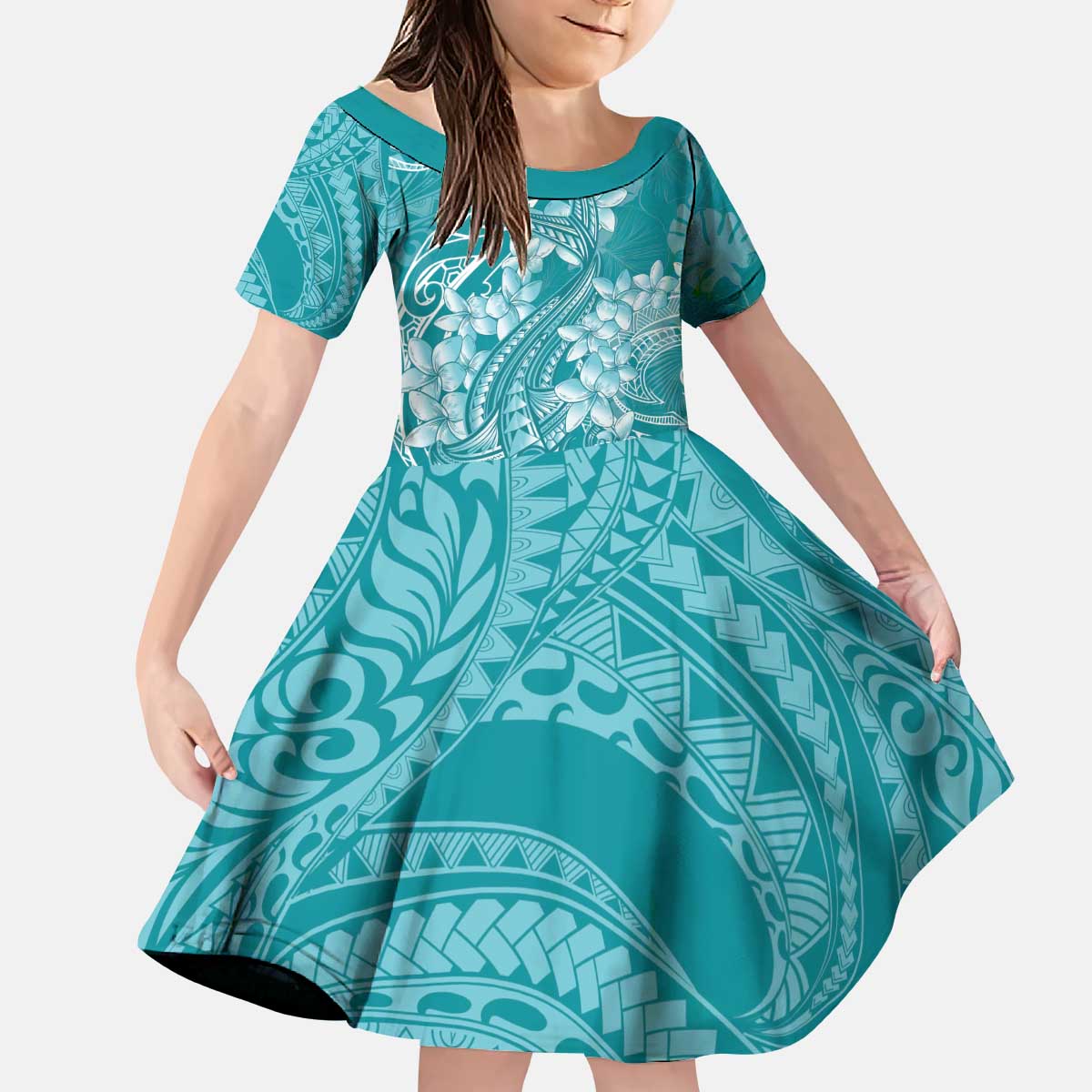 Teal Polynesia Hammerhead Shark Tattoo With Plumeria Lei Kid Short Sleeve Dress LT14 KID Teal - Polynesian Pride