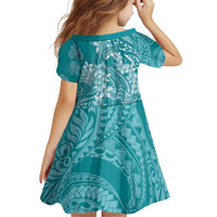 Teal Polynesia Hammerhead Shark Tattoo With Plumeria Lei Kid Short Sleeve Dress LT14 - Polynesian Pride