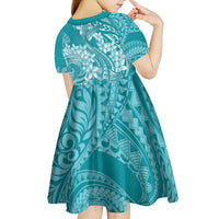 Teal Polynesia Hammerhead Shark Tattoo With Plumeria Lei Kid Short Sleeve Dress LT14 - Polynesian Pride