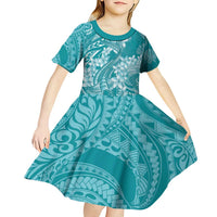 Teal Polynesia Hammerhead Shark Tattoo With Plumeria Lei Kid Short Sleeve Dress LT14 - Polynesian Pride
