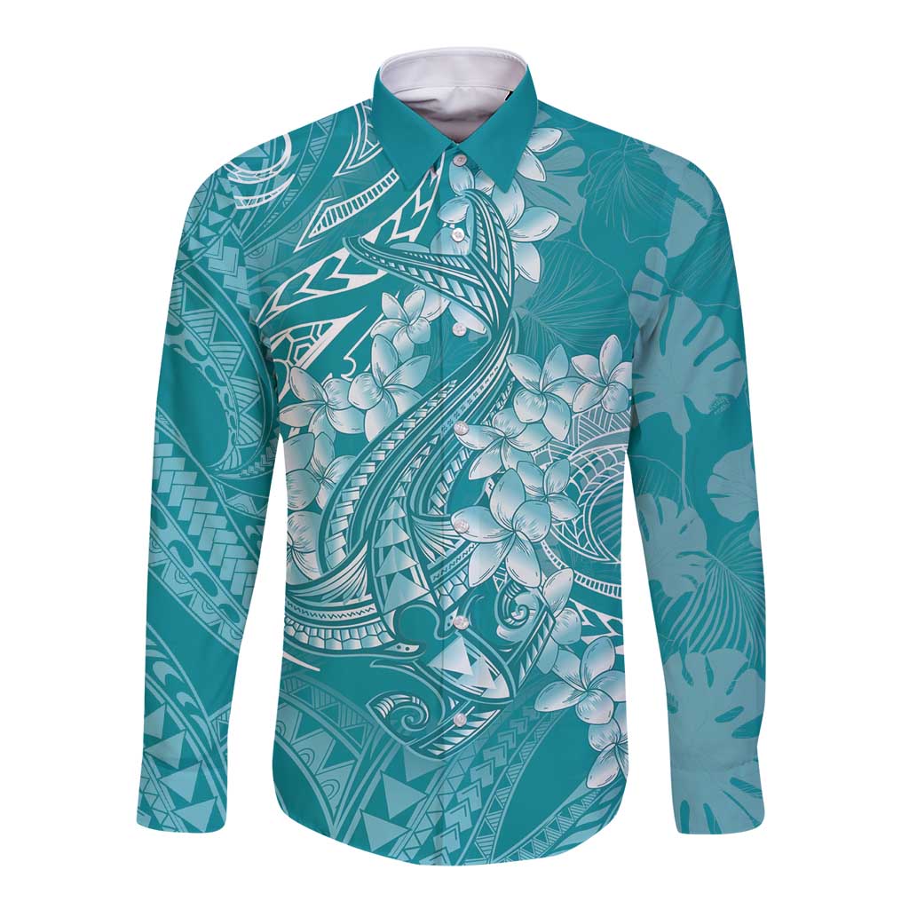 Teal Polynesia Hammerhead Shark Tattoo With Plumeria Lei Long Sleeve Button Shirt