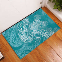 Teal Polynesia Hammerhead Shark Tattoo With Plumeria Lei Rubber Doormat