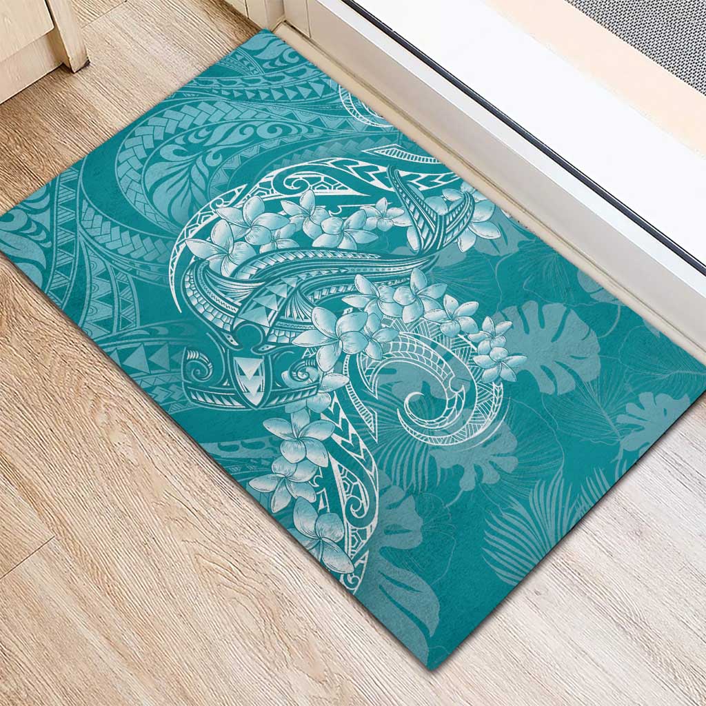 Teal Polynesia Hammerhead Shark Tattoo With Plumeria Lei Rubber Doormat