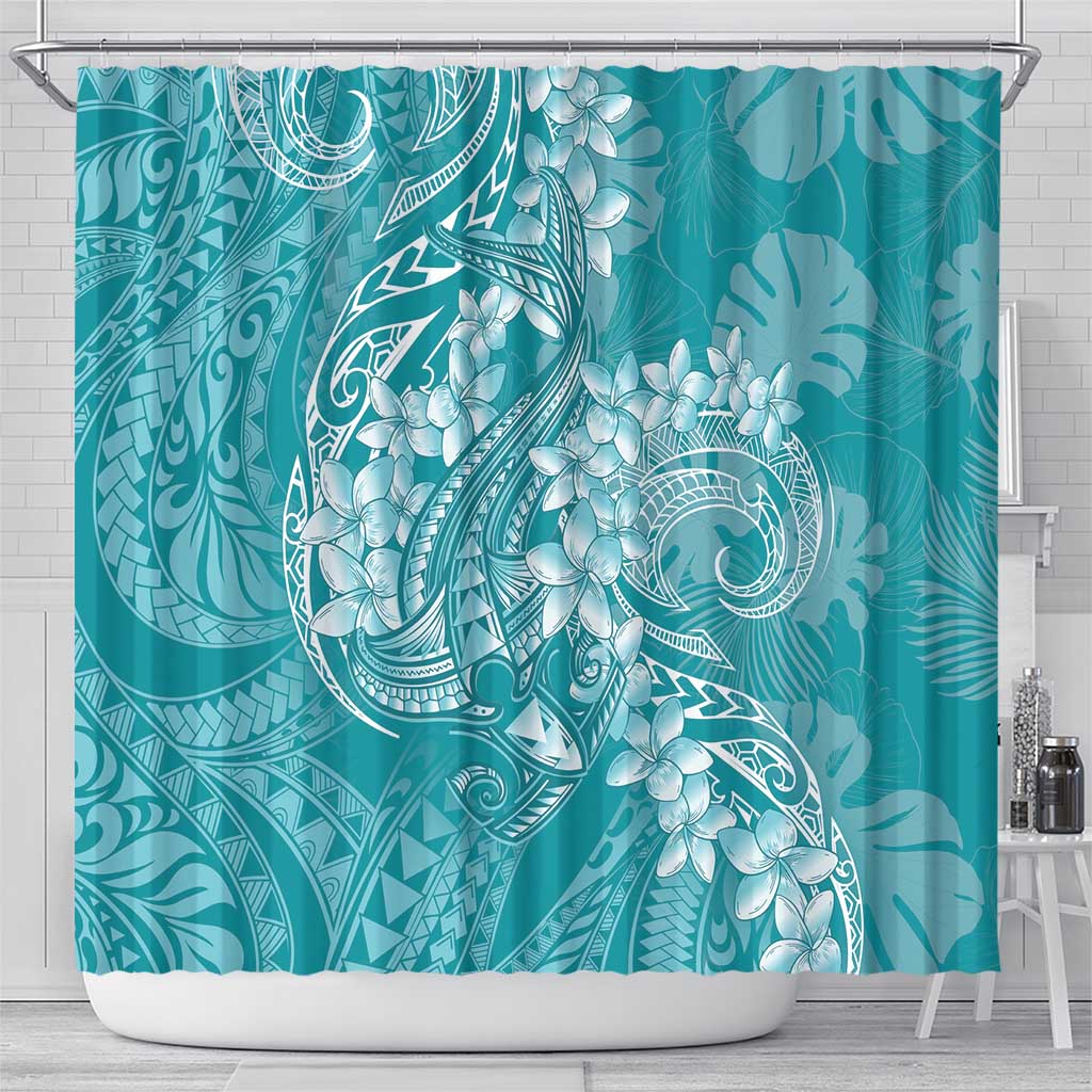 Teal Polynesia Hammerhead Shark Tattoo With Plumeria Lei Shower Curtain LT14 - Polynesian Pride